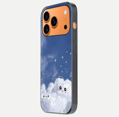 Cute Blossom Cloud Glass Case for iPhone 17 Pro Max side-angle image capturing gloss texture and curve reflection