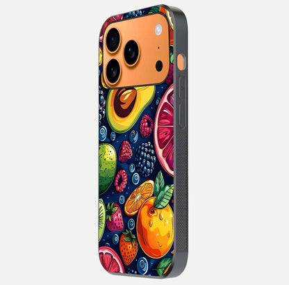 Cute Fruits Art Glass Case for iPhone 17 Pro Max side-angle photo showing reflective finish and smooth edges
