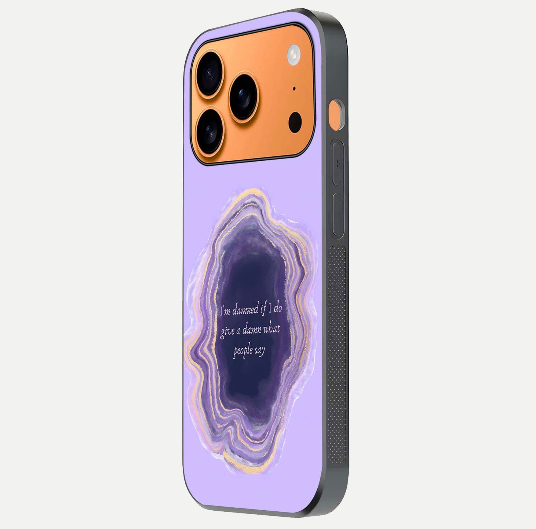 Damned People Quote Glass Case for iPhone 17 Pro Max side-angle image showing light shine and smooth edges