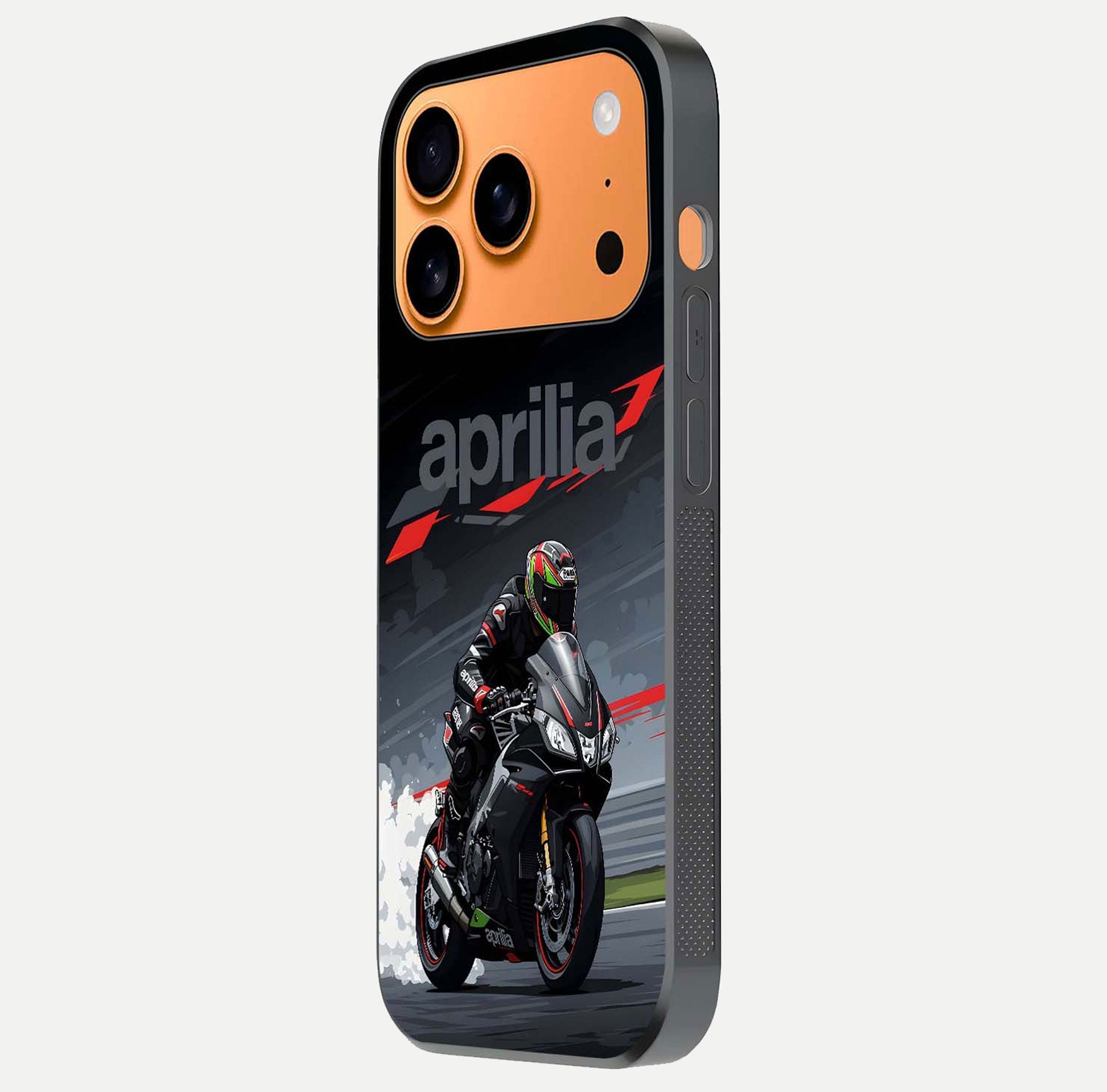 Dark Aprilla Glass Case for iPhone 17 Pro Max side-angle photo showing reflection gloss and curved edge finish