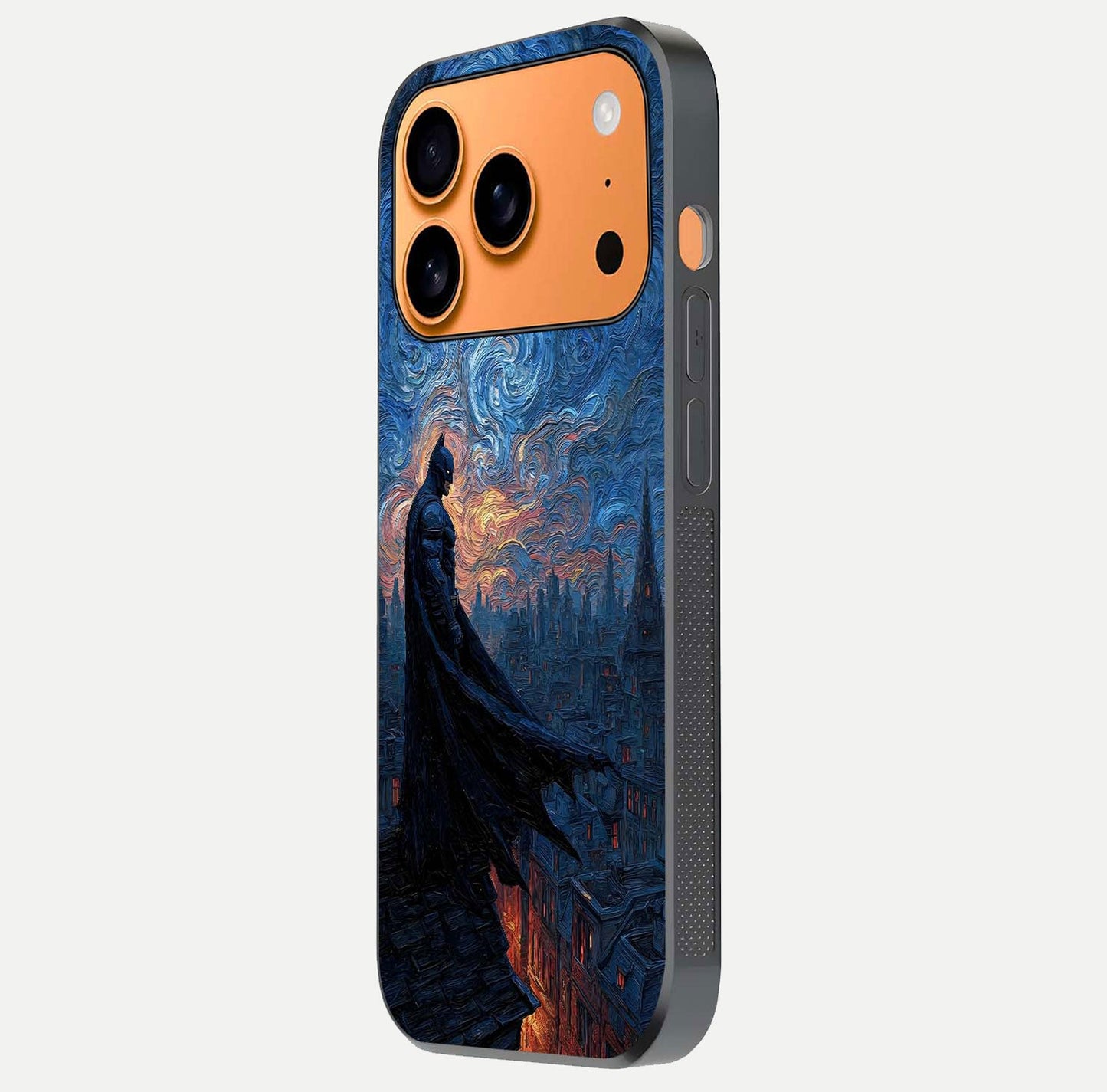 Dark Knight Dusk Glass Case for iPhone 17 Pro Max side-angle image capturing reflection shine and bold contrast