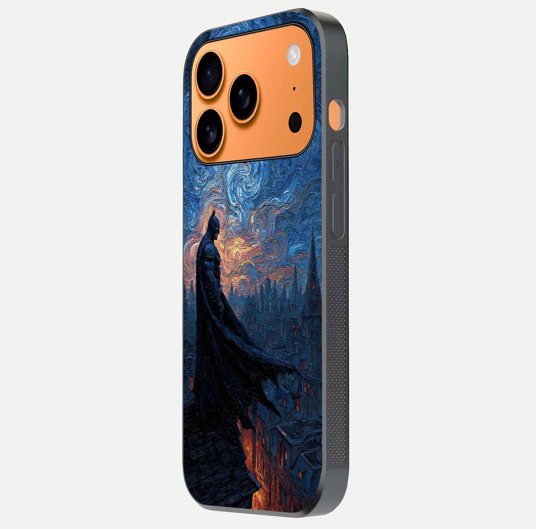 Dark Knight Dusk Glass Case for iPhone 17 Pro Max side-angle image capturing reflection shine and bold contrast