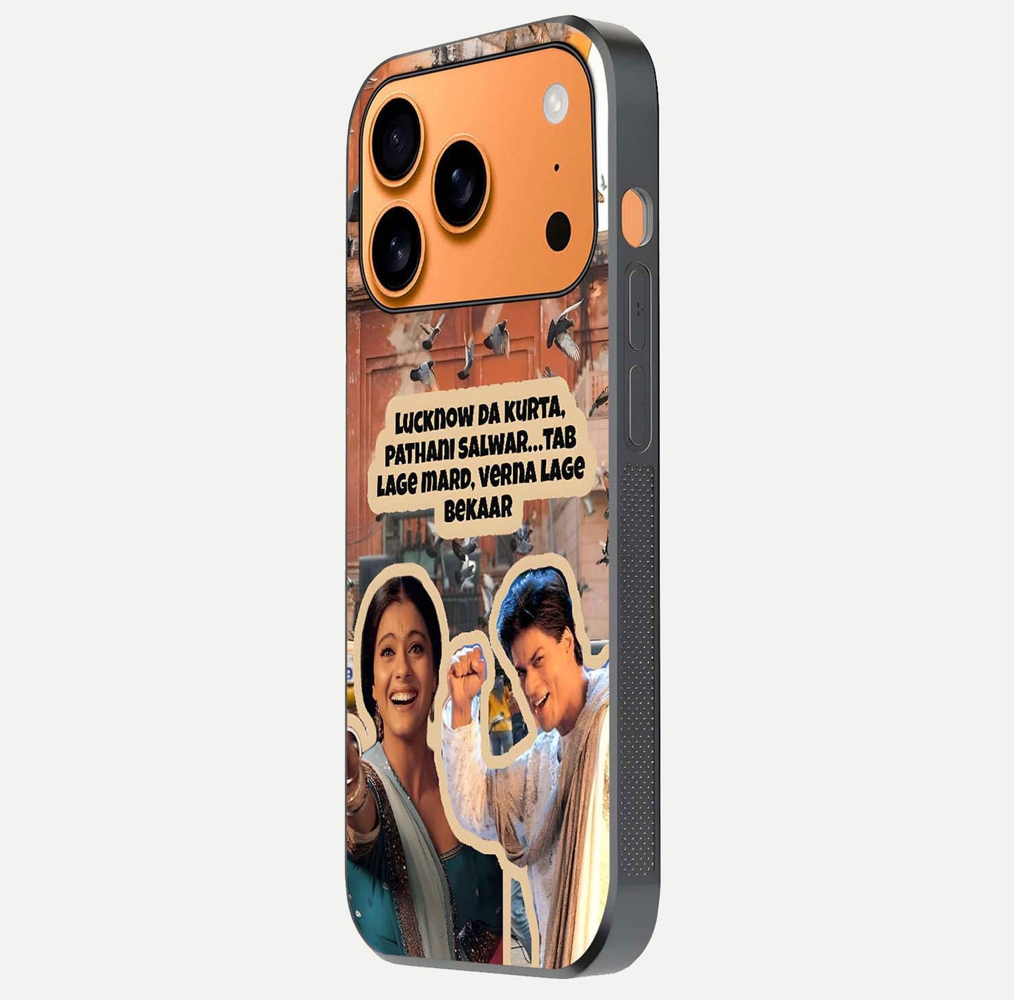 Desi Retro Vibes Glass Case for iPhone 17 Pro Max side-angle image displaying gloss texture and bold pattern
