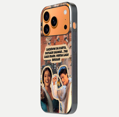 Desi Retro Vibes Glass Case for iPhone 17 Pro Max side-angle image displaying gloss texture and bold pattern