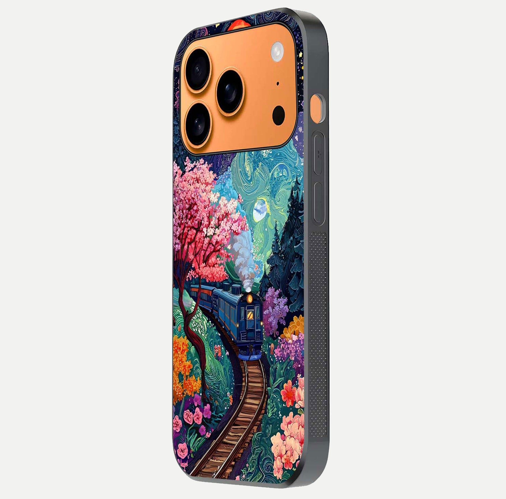 Digital Art Glass Case for iPhone 17 Pro Max side-angle photo showing shine depth and artistic clarity
