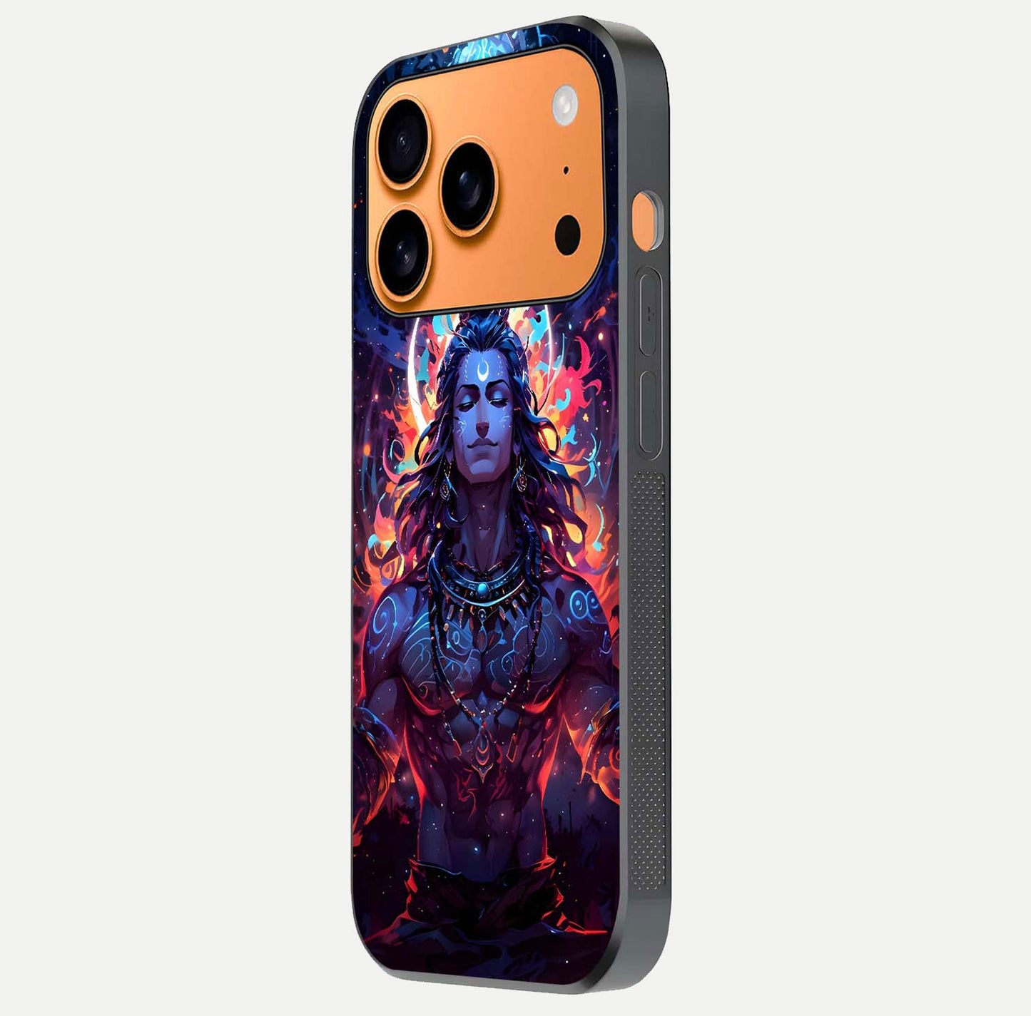 Divine Fire Shiv Glass Case for iPhone 17 Pro Max side-angle image showing reflection clarity and shine