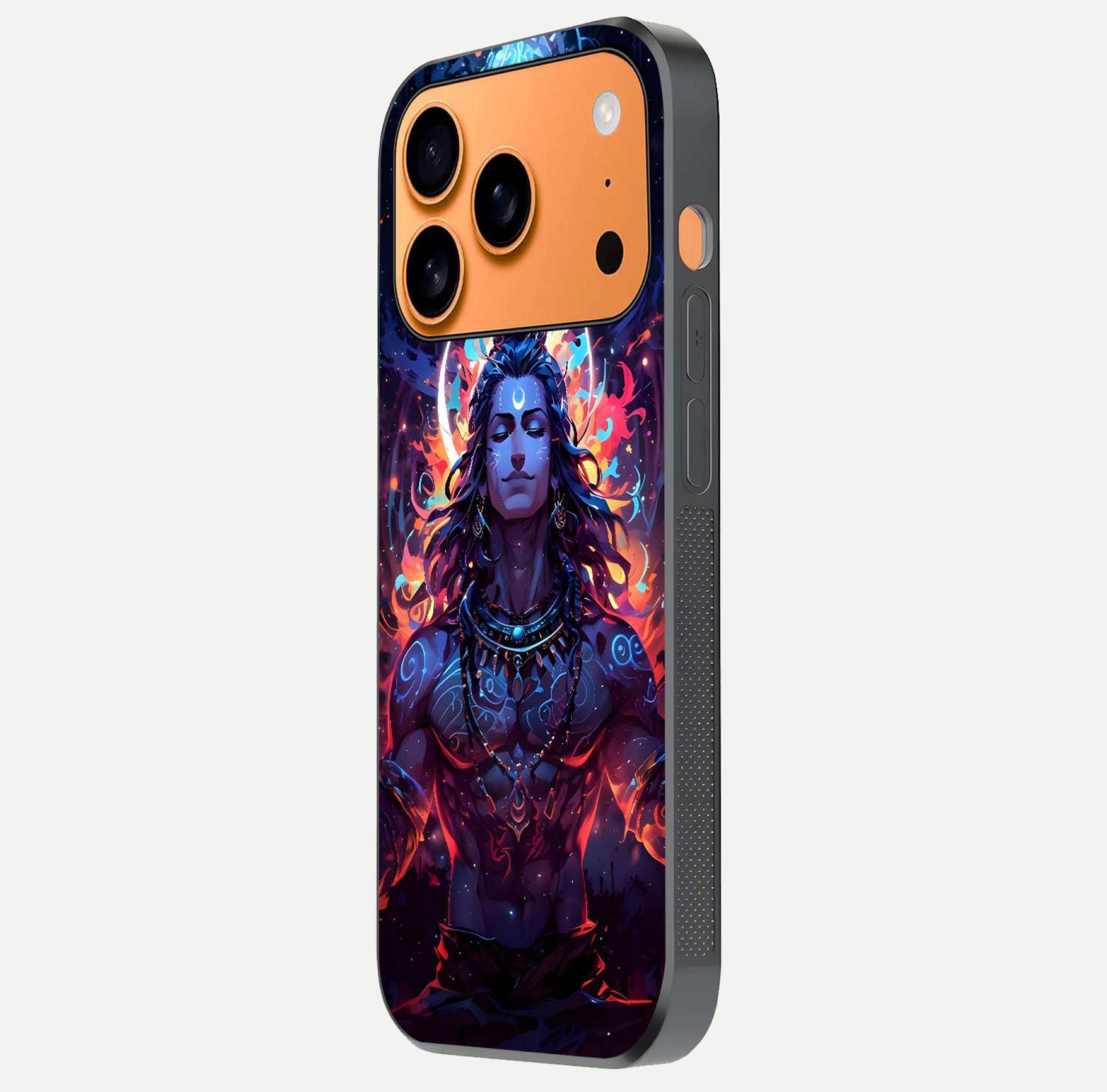 Divine Fire Shiv Glass Case for iPhone 17 Pro Max side-angle image showing reflection clarity and shine