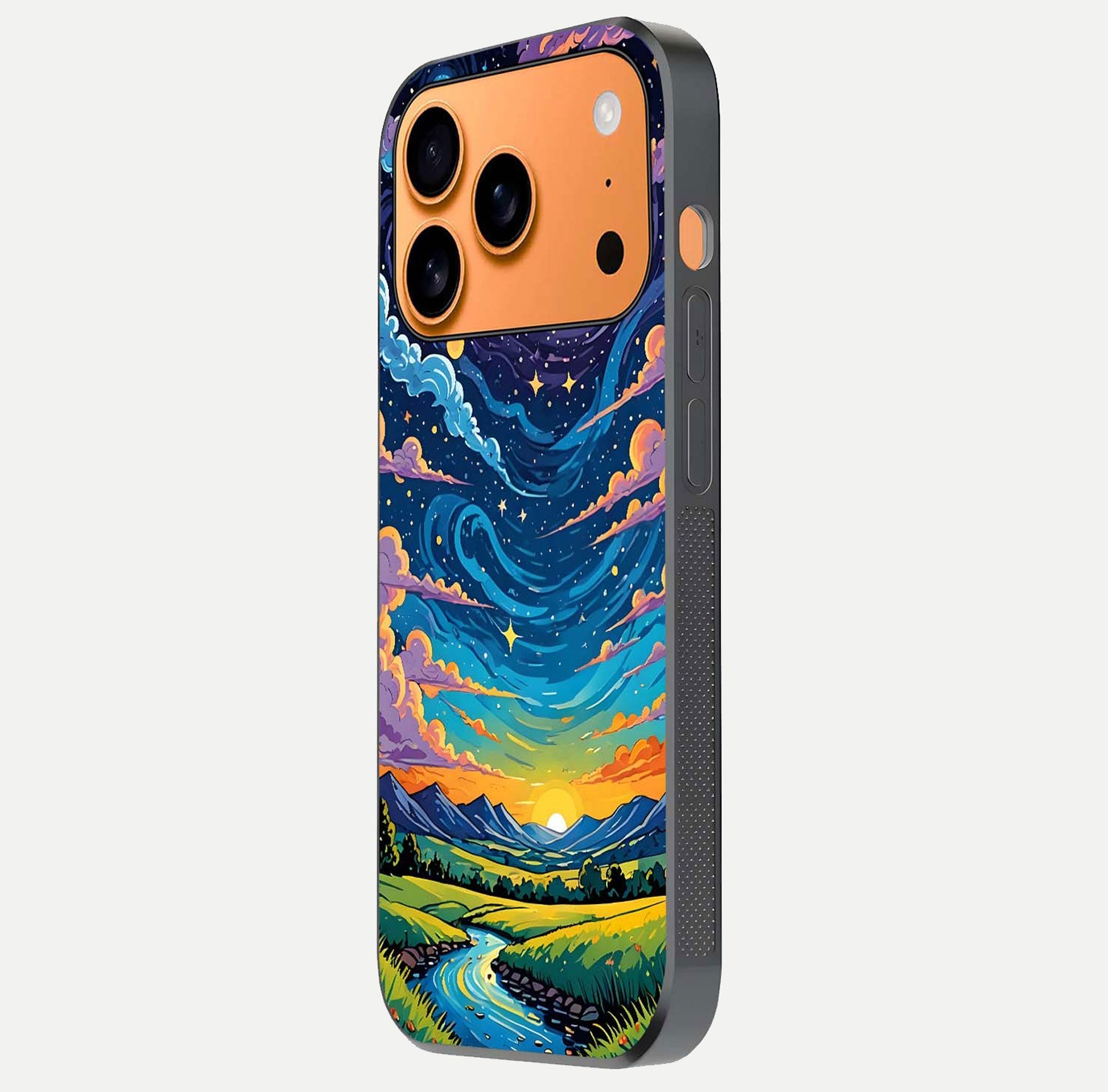 Dreamy Night Landscape Glass Case for iPhone 17 Pro Max side-angle photo capturing reflection glow and edge detail