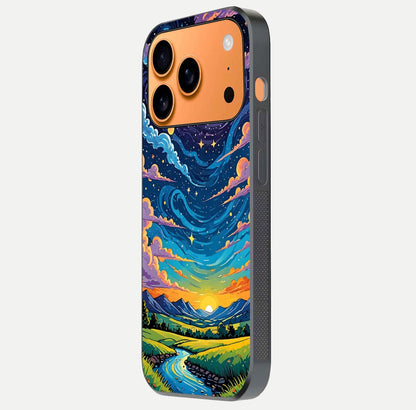 Dreamy Night Landscape Glass Case for iPhone 17 Pro Max side-angle photo capturing reflection glow and edge detail
