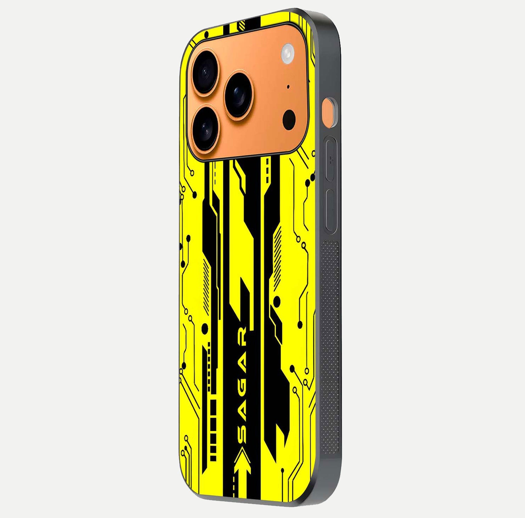 Electric Pulse CYBERPUNK Custom Name Glass Case for iPhone 17 Pro Max side-angle image showing glossy reflection and edge illumination