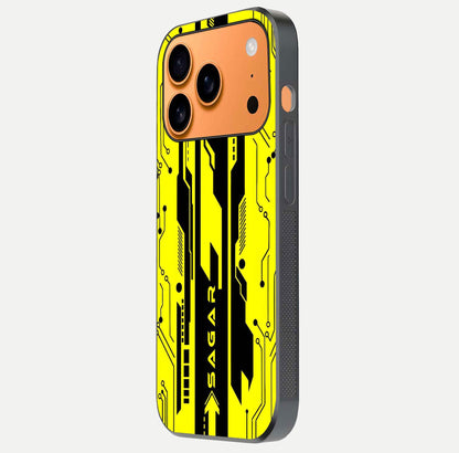 Electric Pulse CYBERPUNK Custom Name Glass Case for iPhone 17 Pro Max side-angle image showing glossy reflection and edge illumination