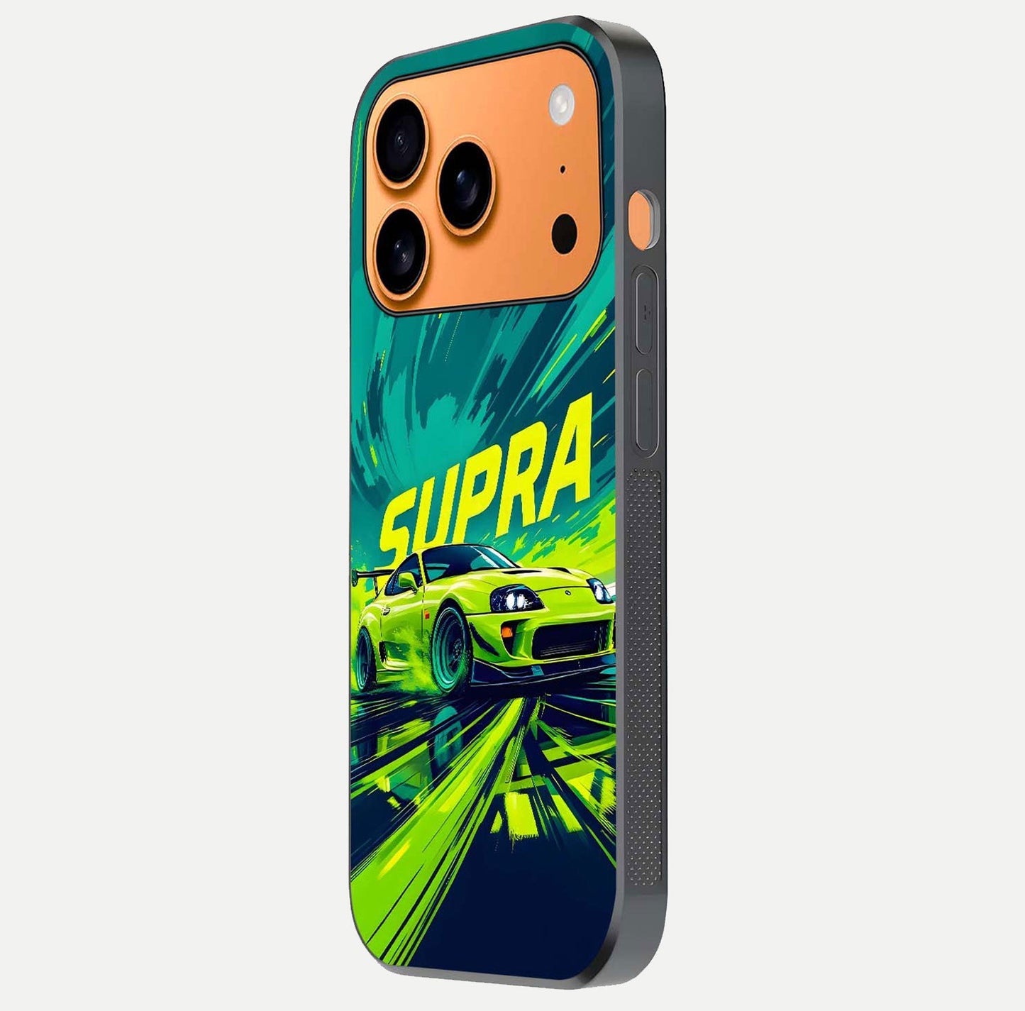 Electric Supra Thunder Glass Case for iPhone 17 Pro Max side-angle photo showing sleek car outline and reflective shine