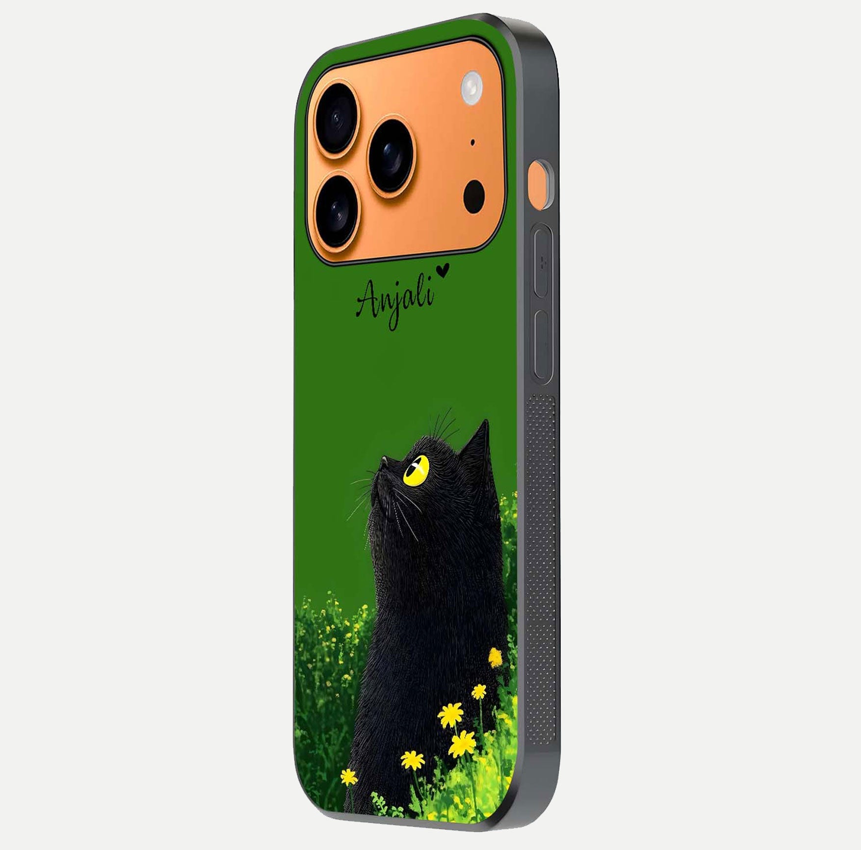 Emerald Cat Custom Name Glass Case for iPhone 17 Pro Max side-angle photo showing name clarity and glass reflection