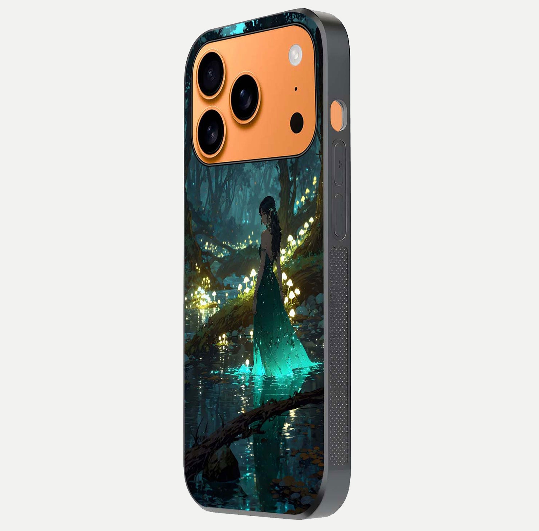 Enchanted Forest Glow Glass Case for iPhone 17 Pro Max side-angle image capturing shine reflection and rich detail