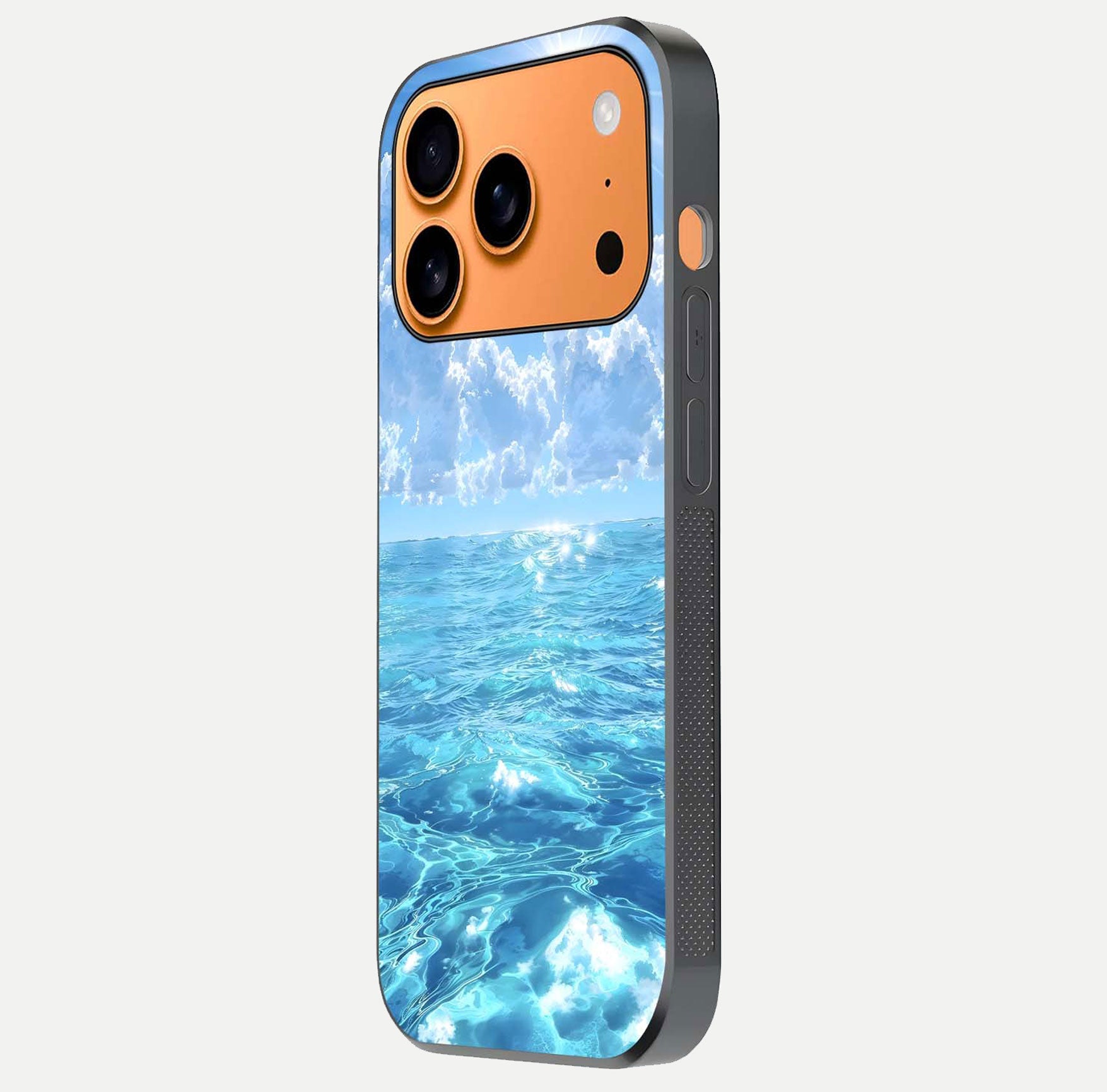 Endless Ocean Horizon Glass Case for iPhone 17 Pro Max side-angle photo showing reflection glow and wave tone