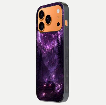 Eternal Cosmic Drive Glass Case for iPhone 17 Pro Max side-angle image showing reflection texture and color contrast