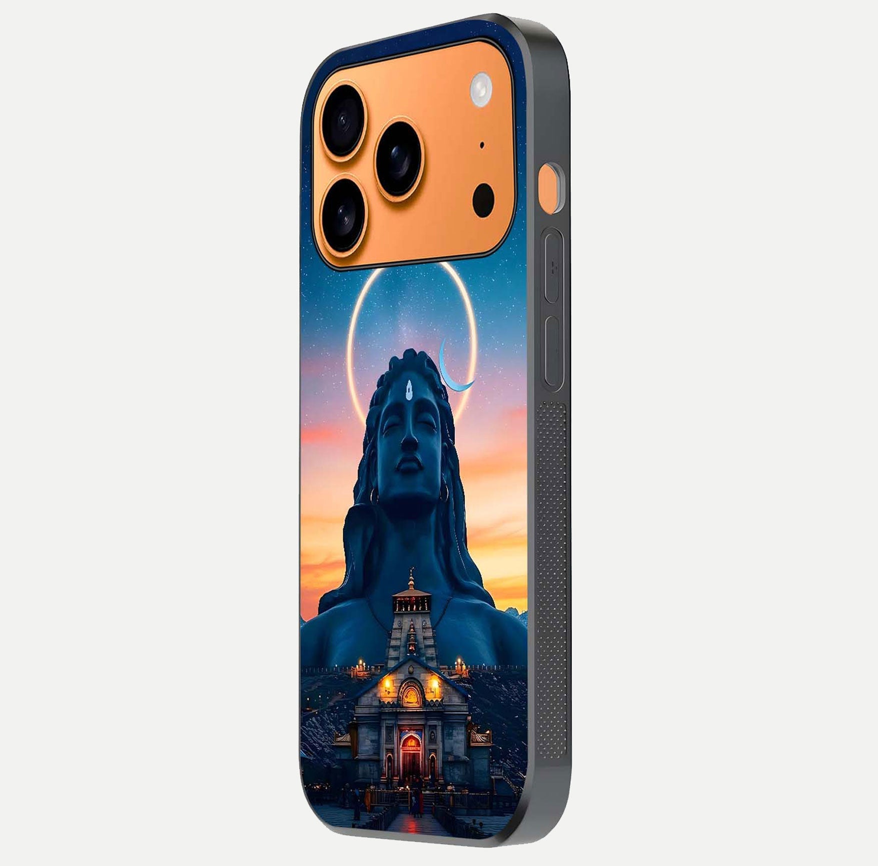 Eternal Shiva Aura Glass Case for iPhone 17 Pro Max side-angle image showing reflection clarity and rich tone