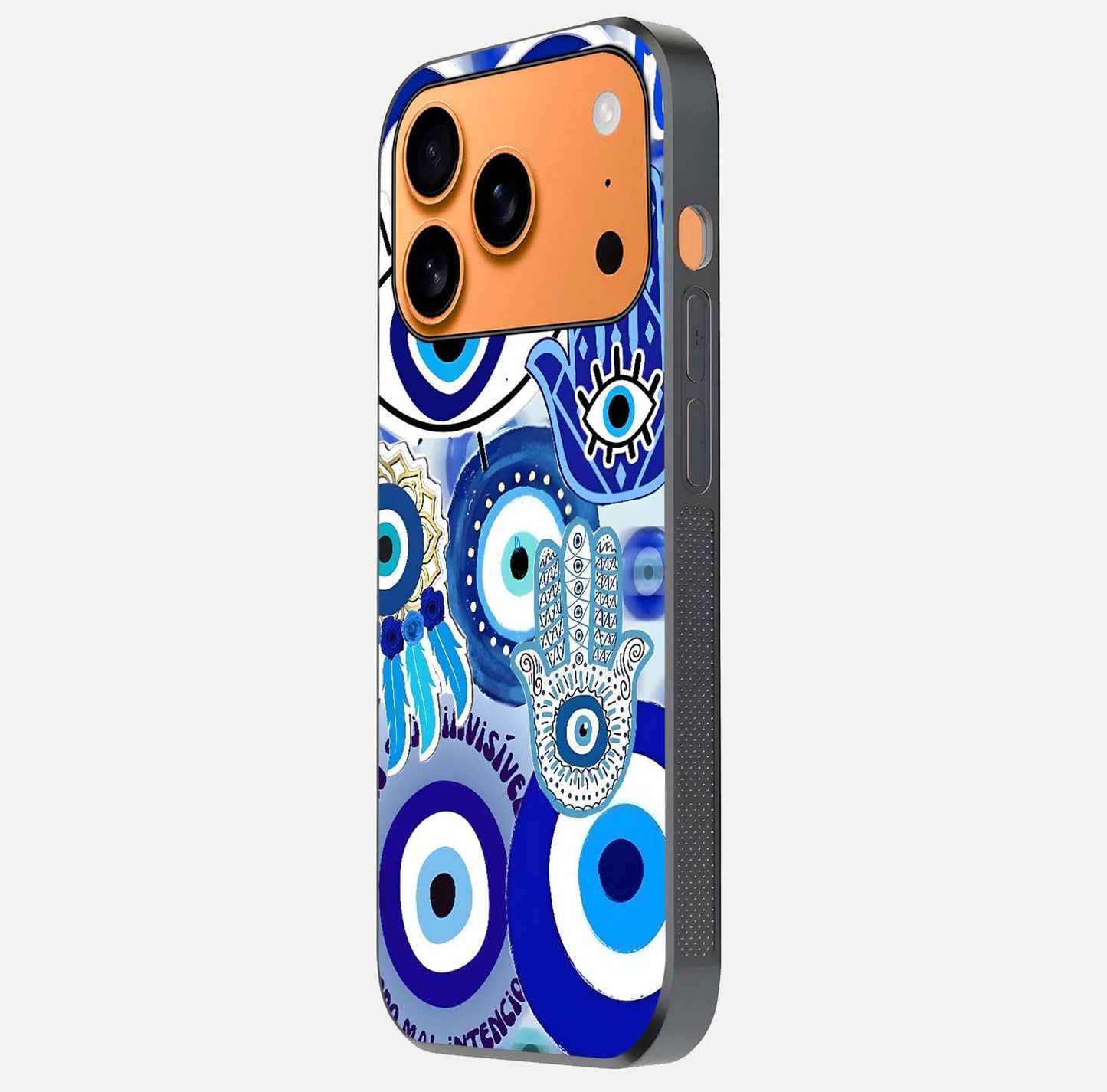 Evil Eyes Dream Glass Case for iPhone 17 Pro Max side-angle photo capturing smooth edges and reflective texture