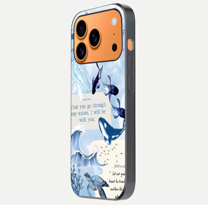 Faithful Ocean Promise Glass Case for iPhone 17 Pro Max side-angle photo showing reflection glow and color clarity