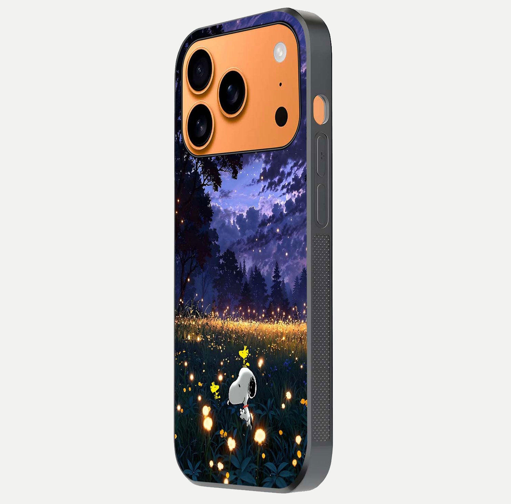Firefly Meadow Magic Glass Case for iPhone 17 Pro Max side-angle image capturing glow reflection and fine texture