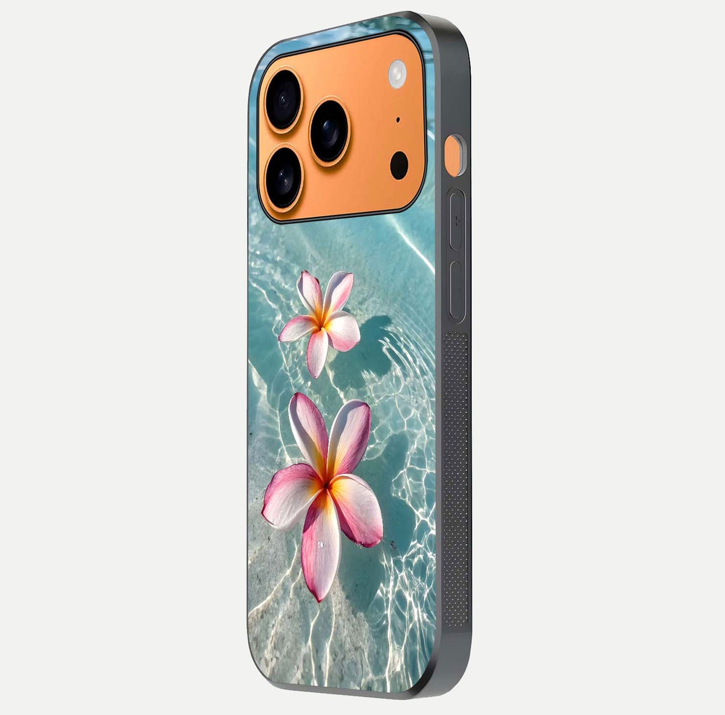 Floating Bloom Bliss Glass Case for iPhone 17 Pro Max side-angle photo showing smooth reflection and elegant curve