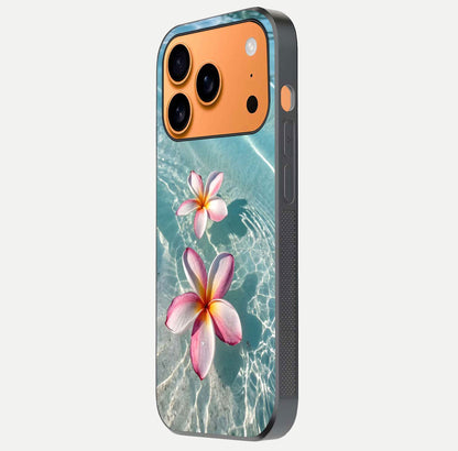 Floating Bloom Bliss Glass Case for iPhone 17 Pro Max side-angle photo showing smooth reflection and elegant curve