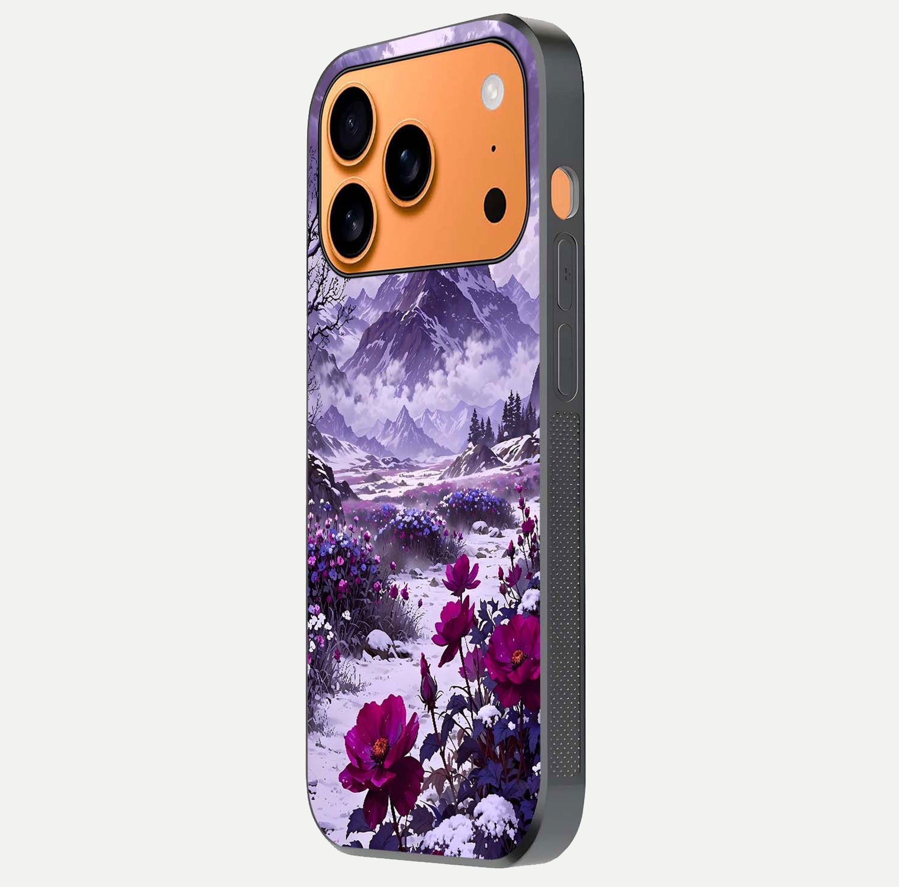 Flower Mountain View Glass Case for iPhone 17 Pro Max side-angle image showing gloss polish and smooth edge