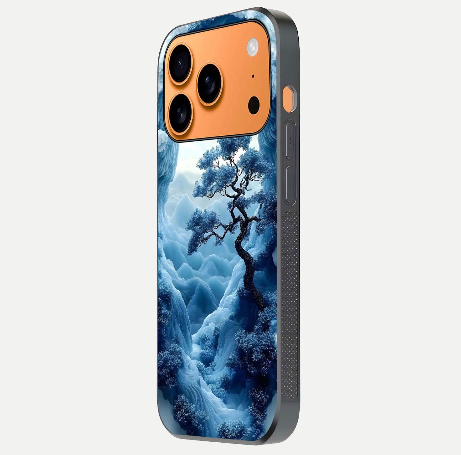 Frozen Serenity Gate Glass Case for iPhone 17 Pro Max side-angle photo showing reflective surface and cold tones