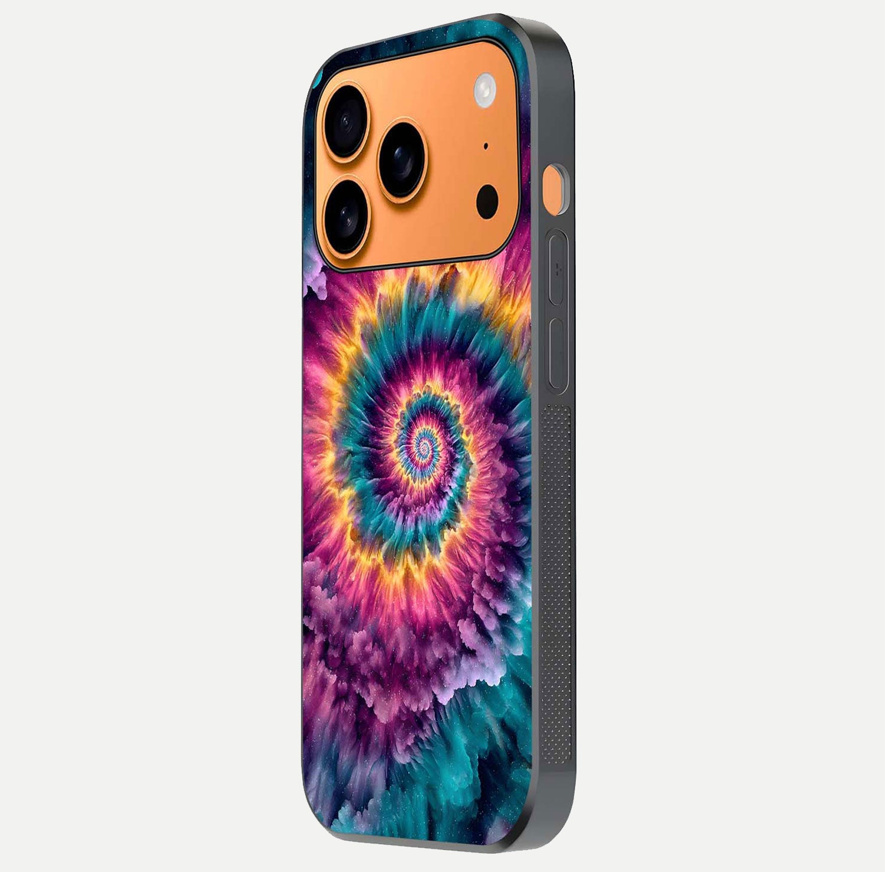 Galactic Spiral Burst Glass Case for iPhone 17 Pro Max side-angle image showing reflection clarity and vivid galactic texture