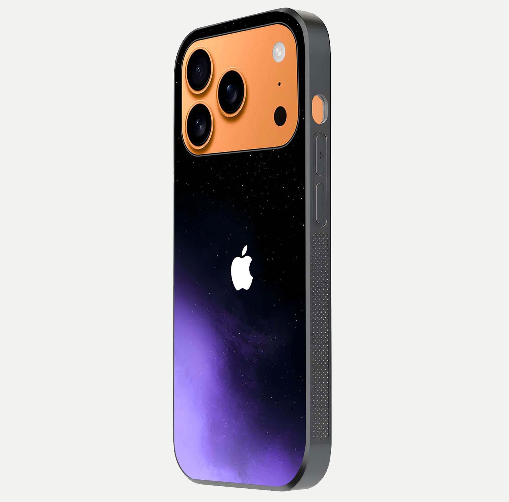 Galaxy Apple Aura Glass Case for iPhone 17 Pro Max side-angle image showing glossy surface and soft reflection hues