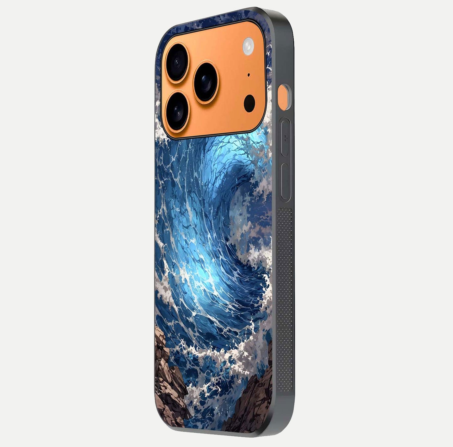 Giant Ocean Wave Glass Case for iPhone 17 Pro Max side-angle image showing light reflection and ocean detail