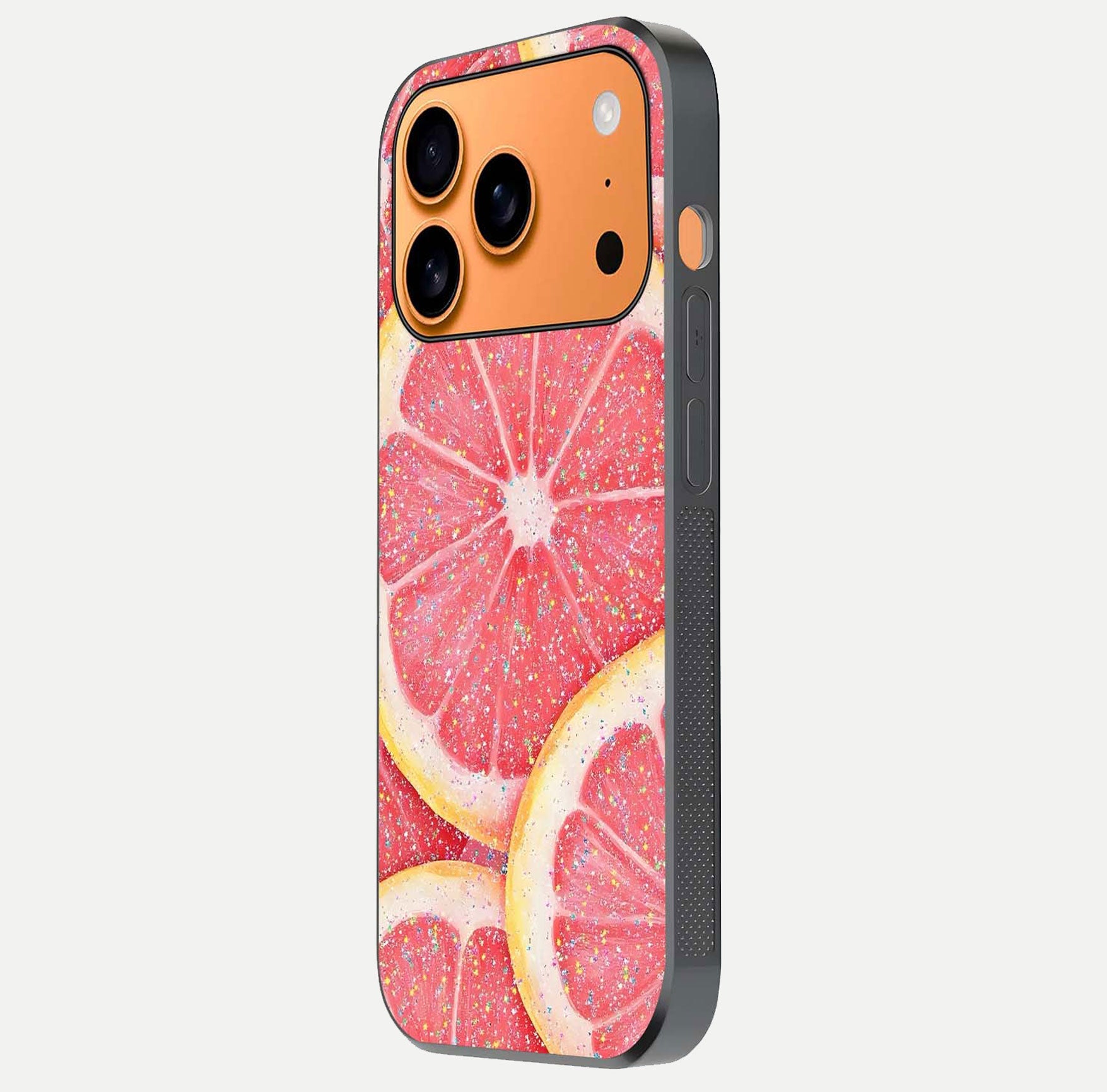 Glitter Grapefruit Glass Case for iPhone 17 Pro Max side-angle image showing reflection glow and polished edges