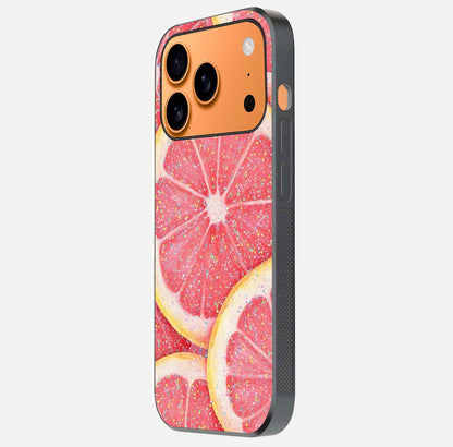 Glitter Grapefruit Glass Case for iPhone 17 Pro Max side-angle image showing reflection glow and polished edges