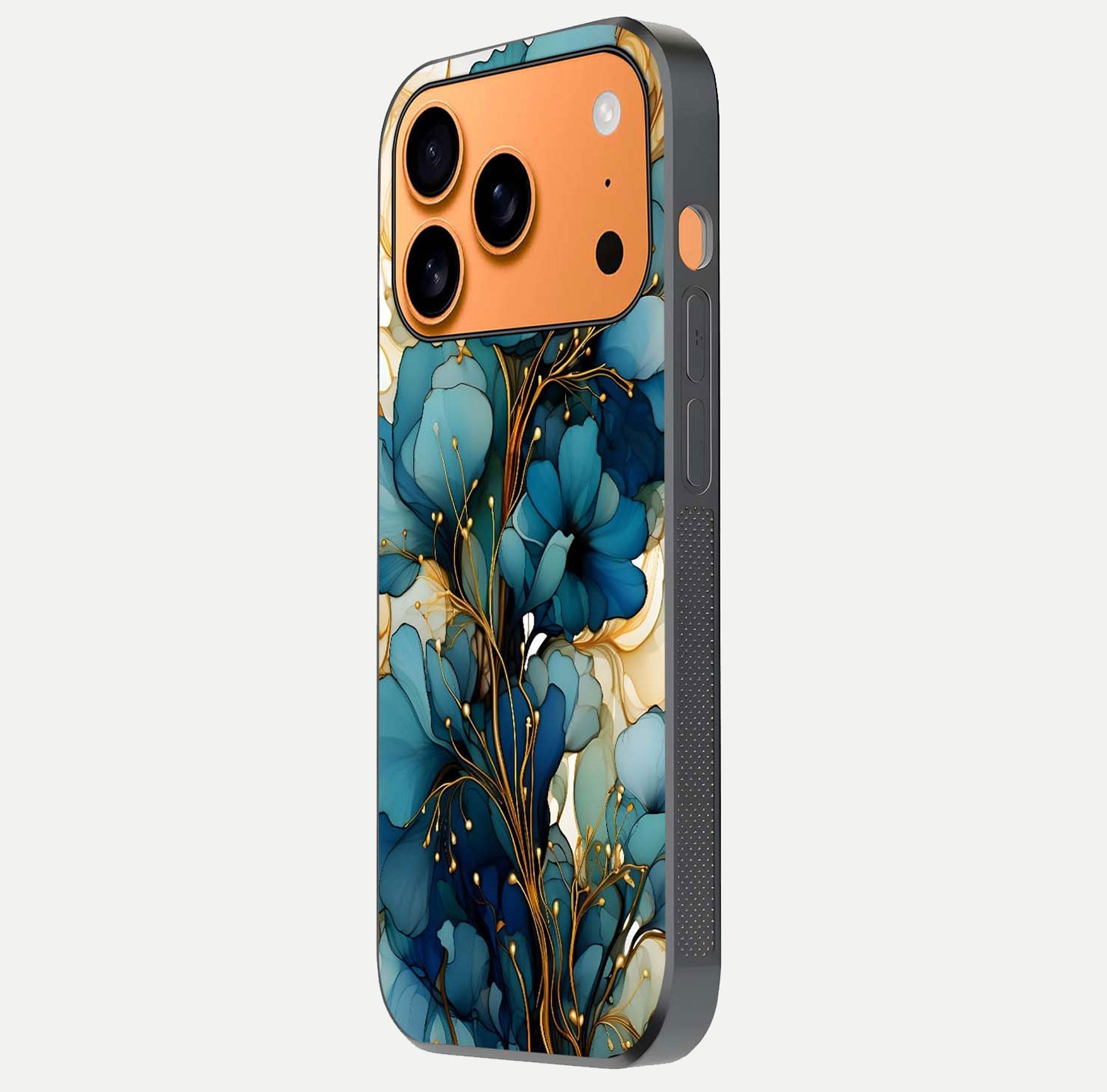 Golden Bloom Symphony Glass Case for iPhone 17 Pro Max side-angle image showing golden glow, light reflection, and premium surface