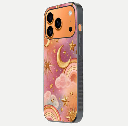 Golden Celestial Dreams Glass Case for iPhone 17 Pro Max side-angle image capturing reflection brightness and starry detail