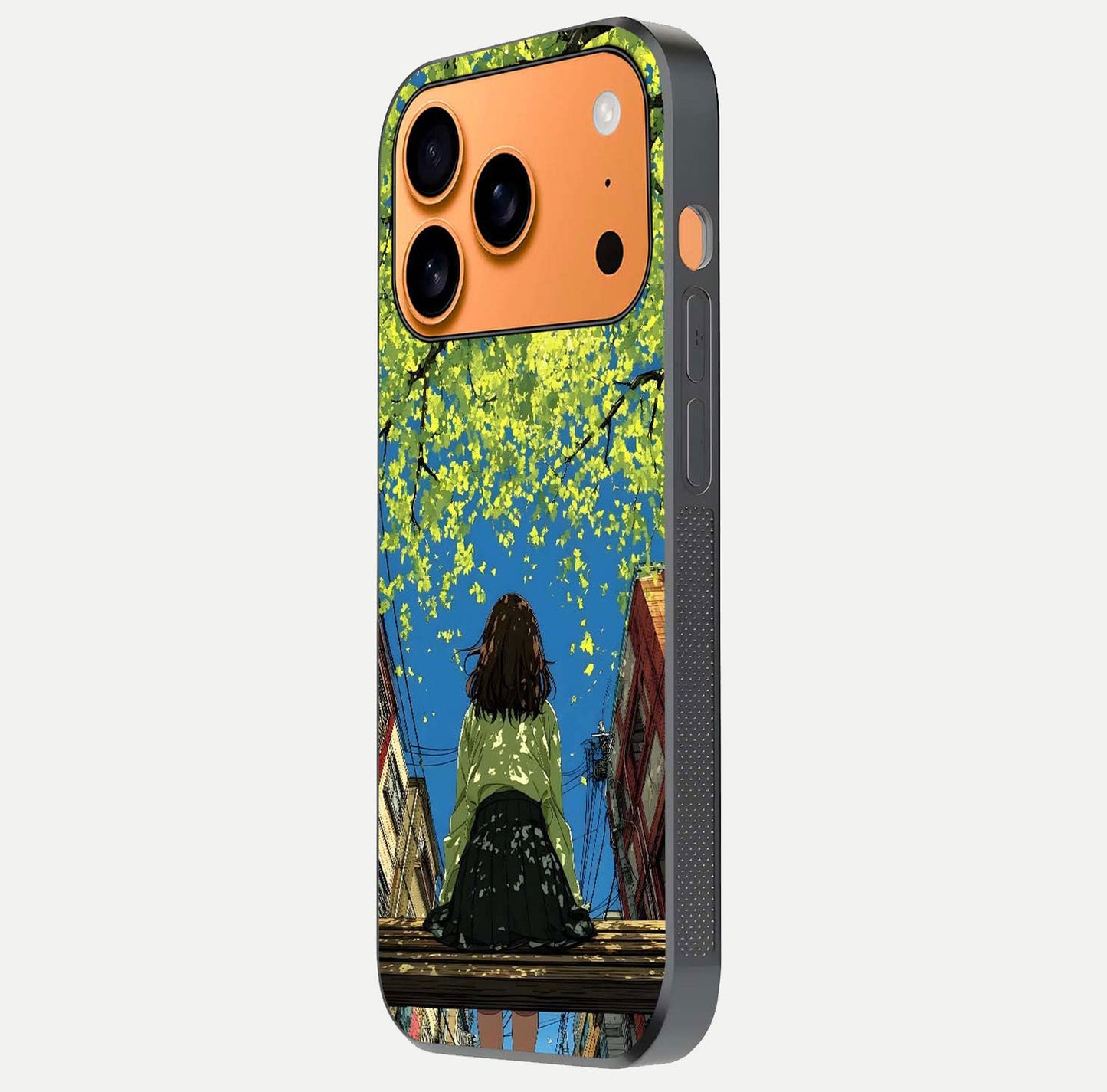Golden Leaves Glow Glass Case for iPhone 17 Pro Max side-angle image showing reflection polish and elegant pattern