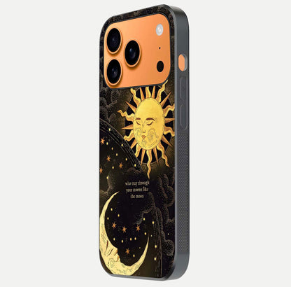 Golden Lunar Love Glass Case for iPhone 17 Pro Max side-angle image showing reflection brilliance and smooth golden tone