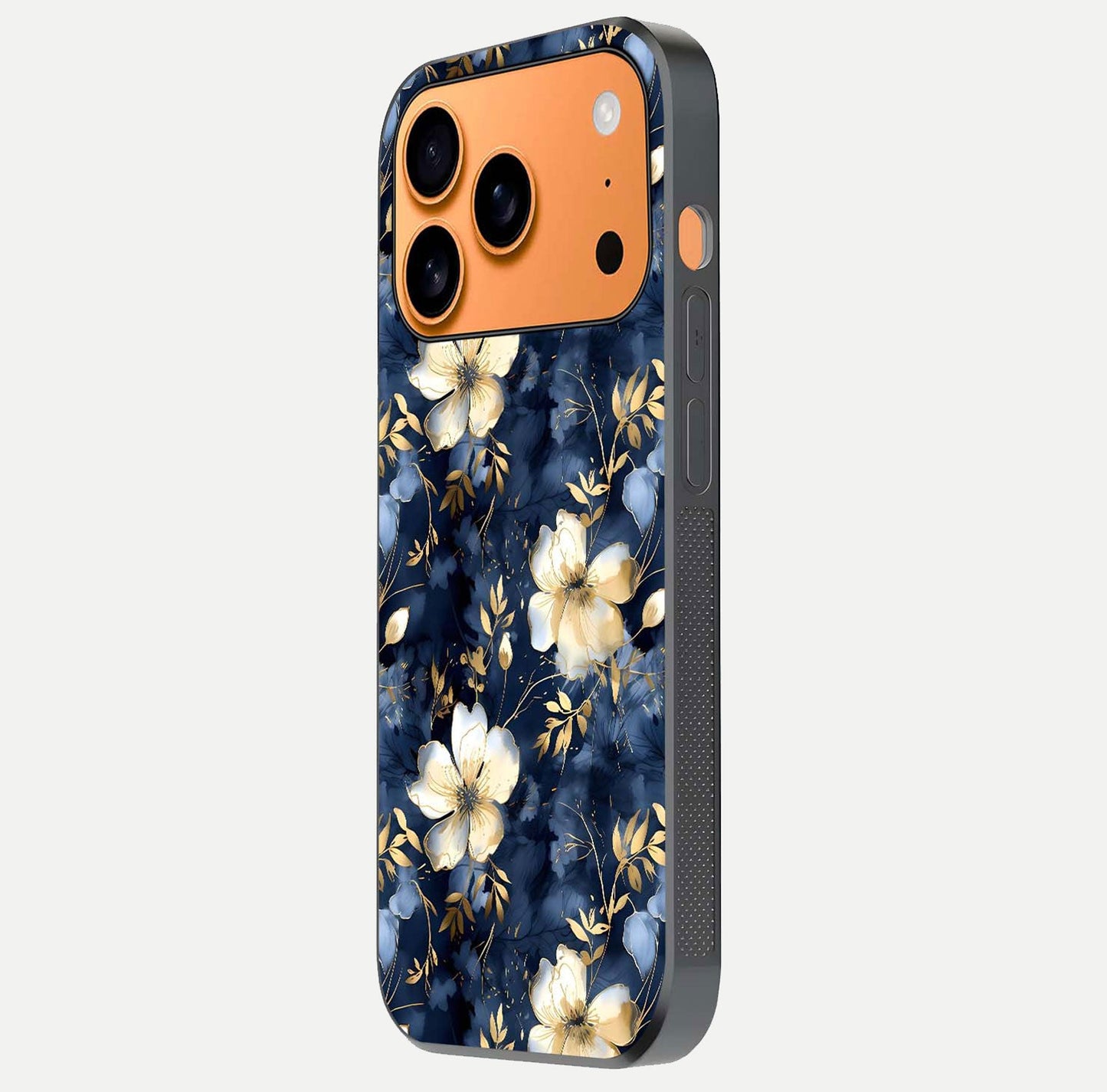 Golden Midnight Bloom Glass Case for iPhone 17 Pro Max side-angle image showing shine depth and elegant edge design