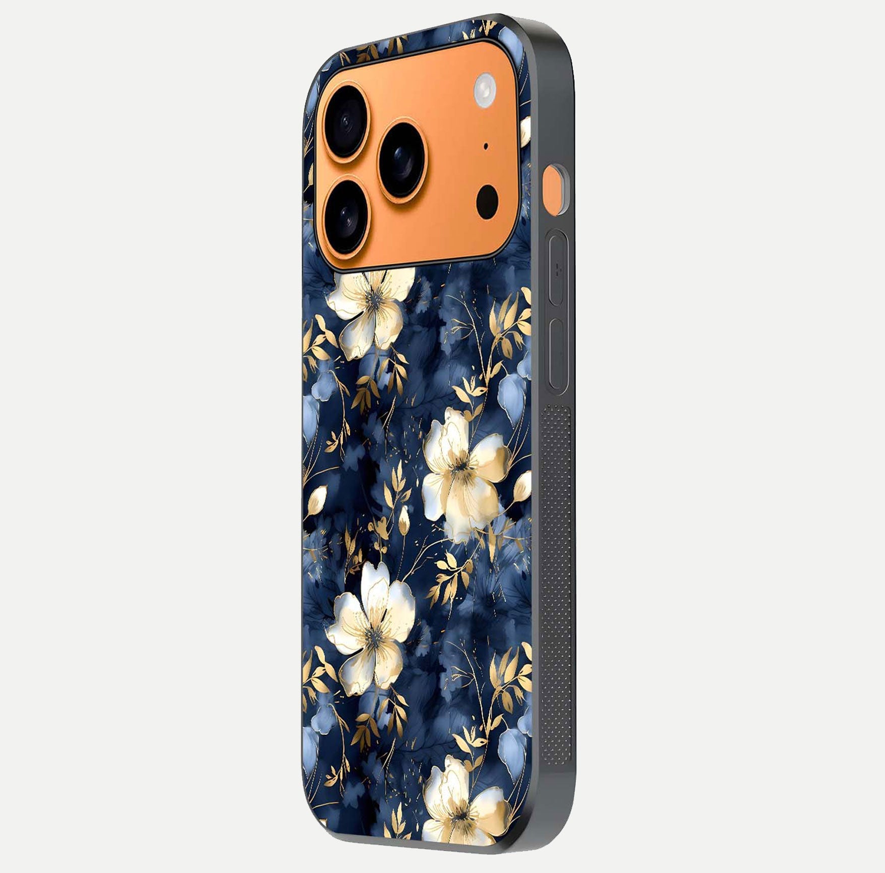 Golden Midnight Bloom Glass Case for iPhone 17 Pro Max side-angle image showing shine depth and elegant edge design