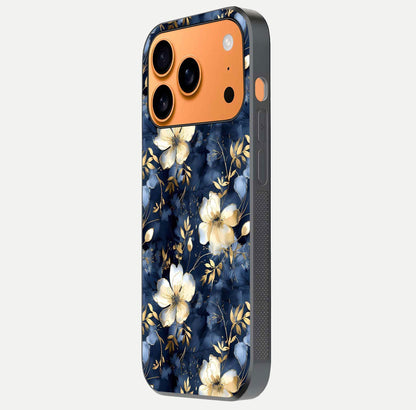 Golden Midnight Bloom Glass Case for iPhone 17 Pro Max side-angle image showing shine depth and elegant edge design