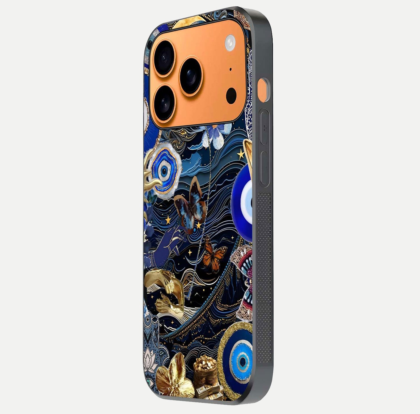 Golden Moon Magic Glass Case for iPhone 17 Pro Max side-angle image showing reflection glow, curved polish, and moon detail