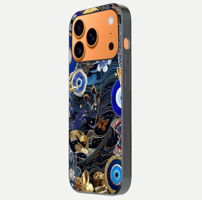 Golden Moon Magic Glass Case for iPhone 17 Pro Max side-angle image showing reflection glow, curved polish, and moon detail
