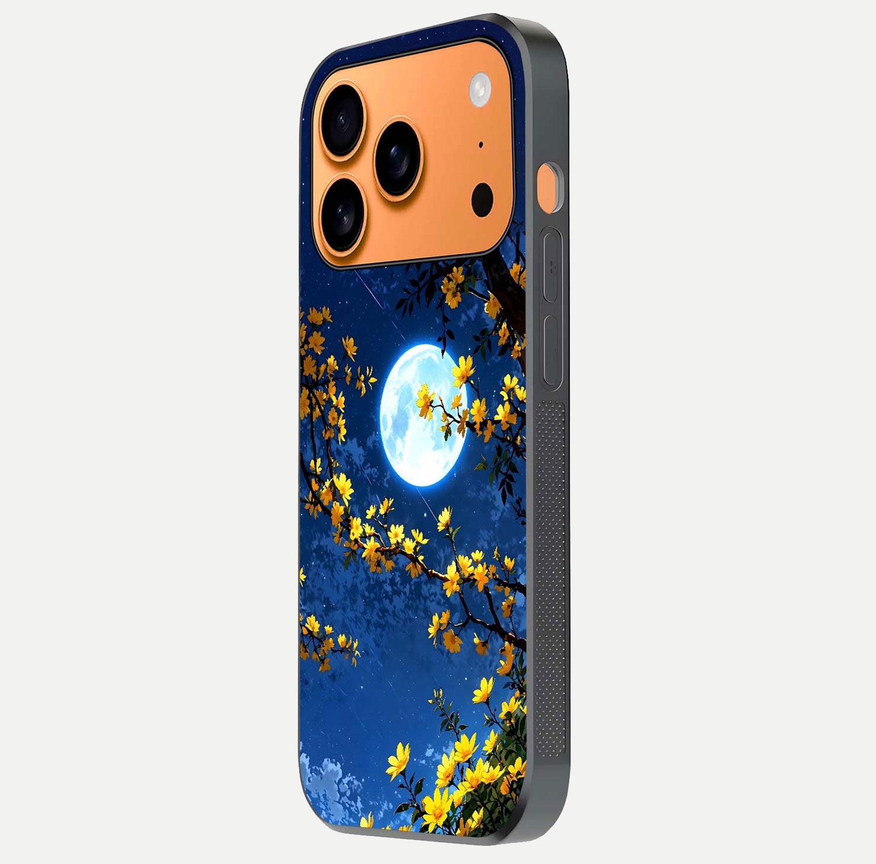 Golden Night Glow Glass Case for iPhone 17 Pro Max side-angle image showing reflection clarity and elegant golden tone