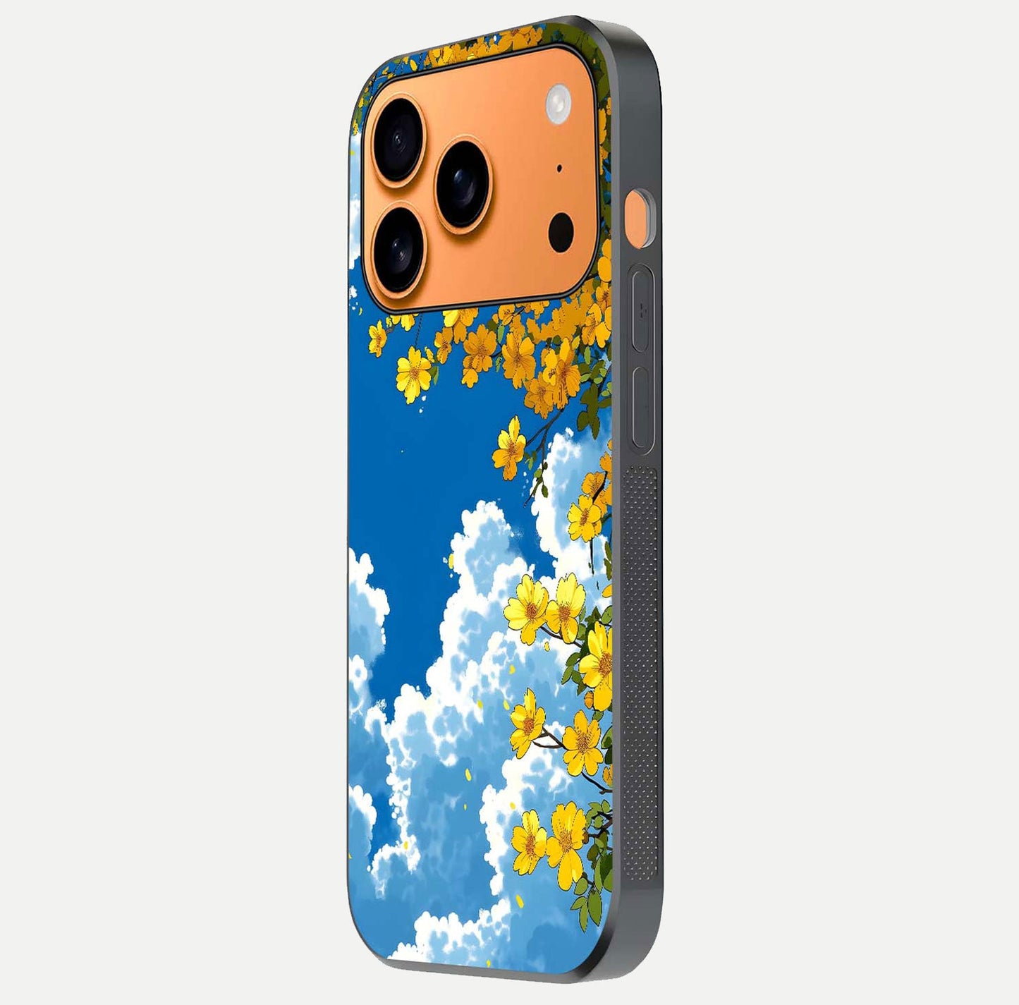 Golden Petal Sky Glass Case for iPhone 17 Pro Max side-angle image showing reflection depth and metallic floral tones