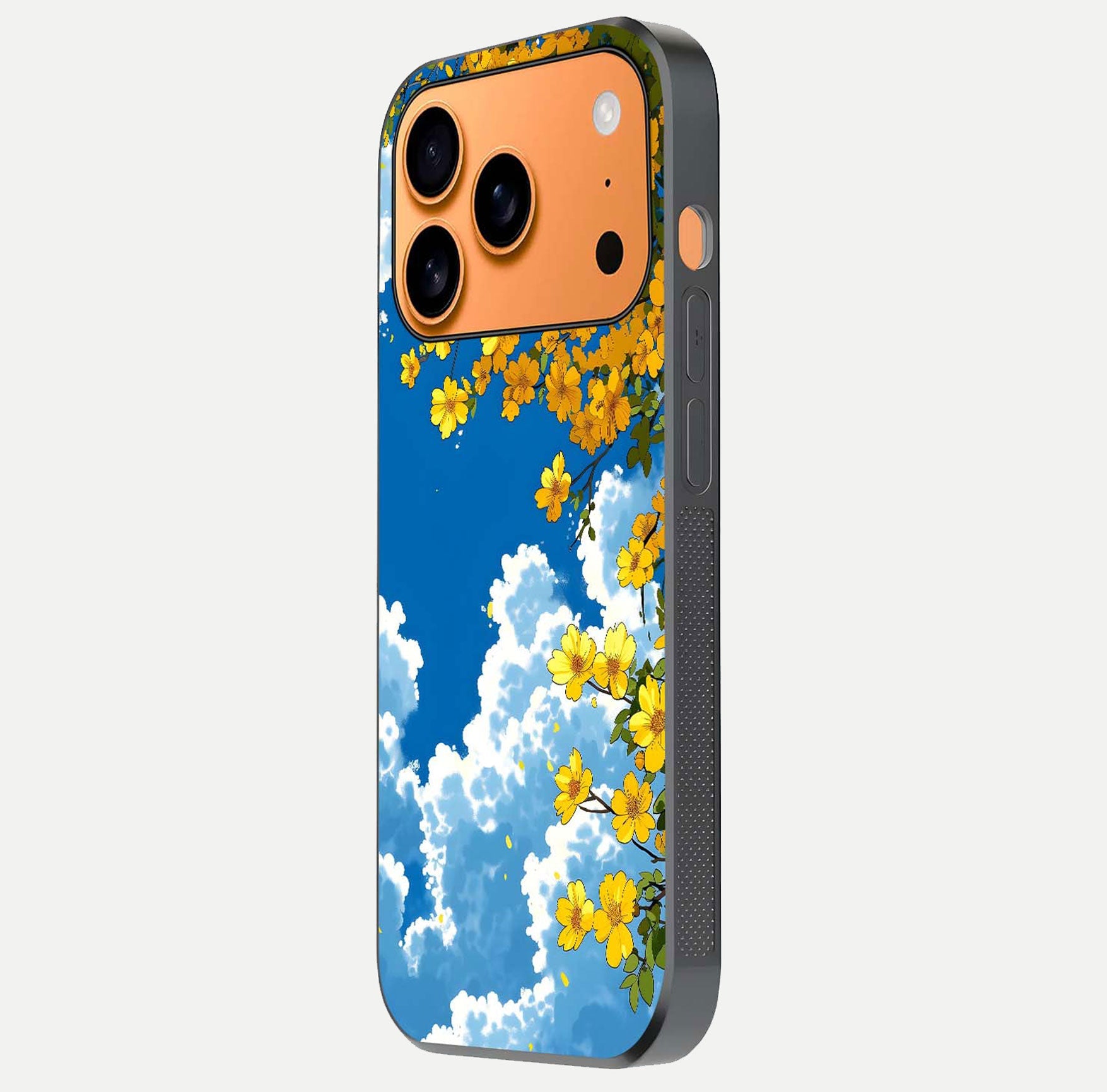 Golden Petal Sky Glass Case for iPhone 17 Pro Max side-angle image showing reflection depth and metallic floral tones
