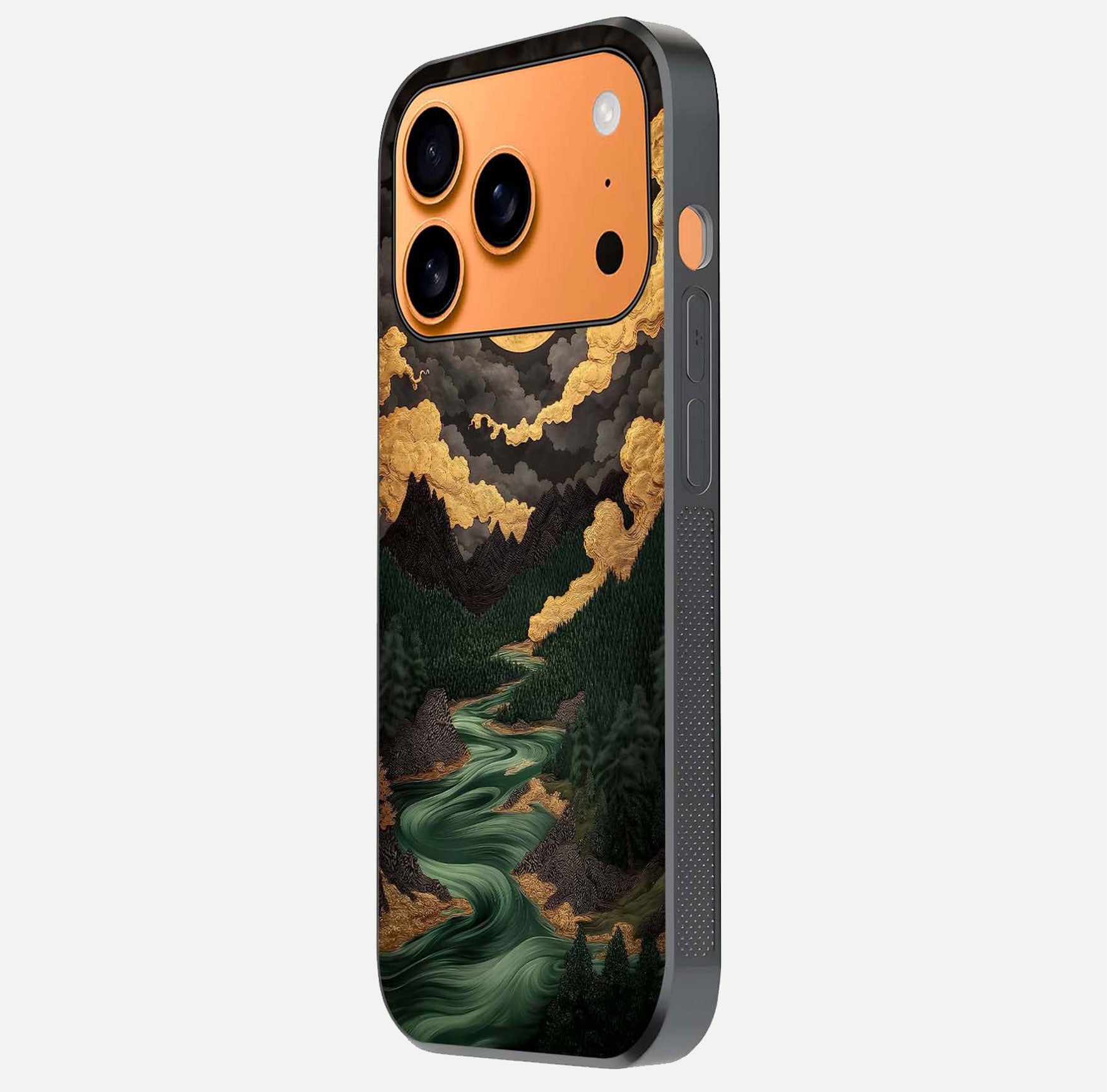 Golden River Moon Glass Case for iPhone 17 Pro Max side-angle image showing reflection clarity and detailed nightscape