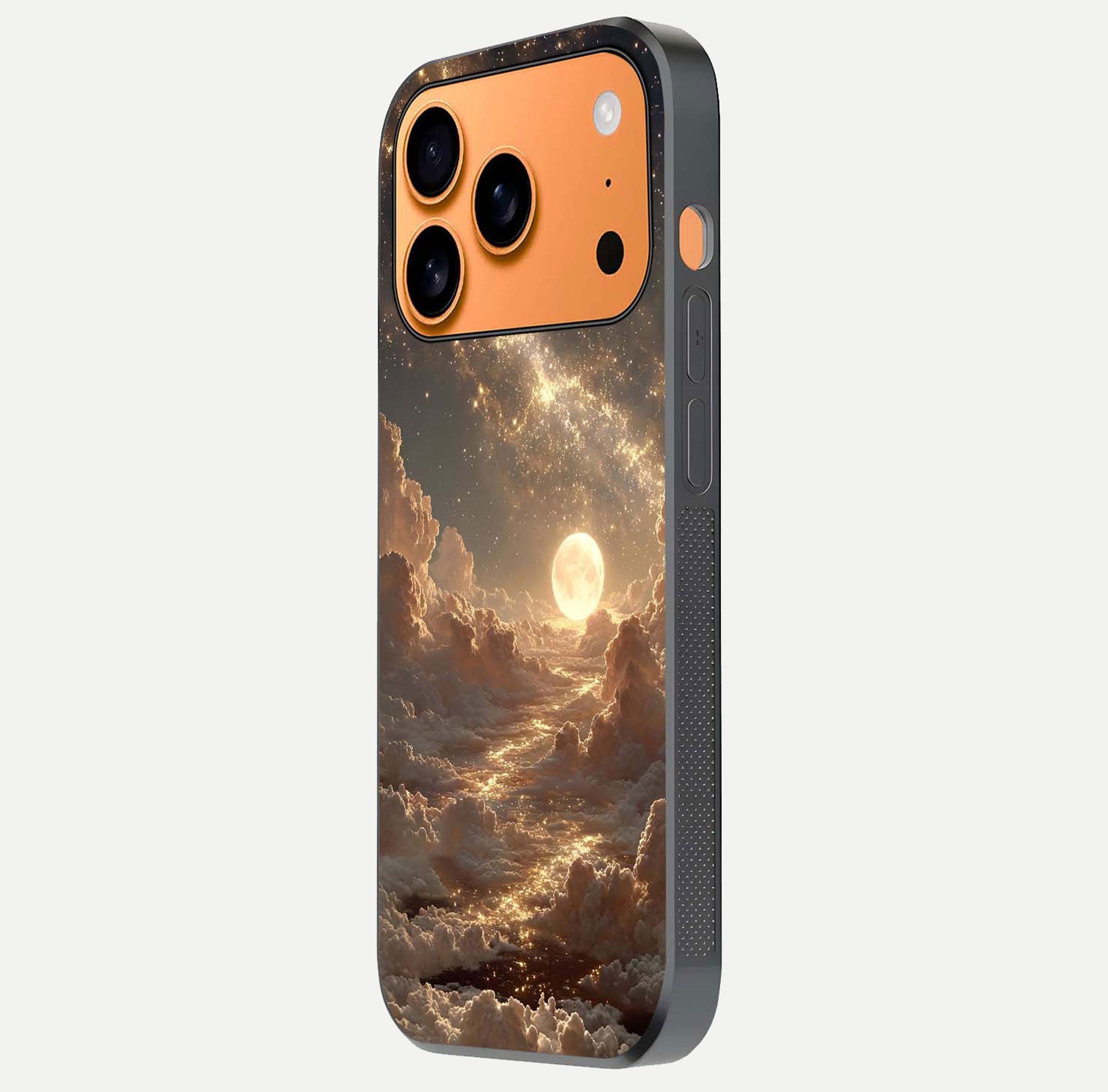 Golden Sky Dream Glass Case for iPhone 17 Pro Max side-angle image showing reflection shine and smooth surface