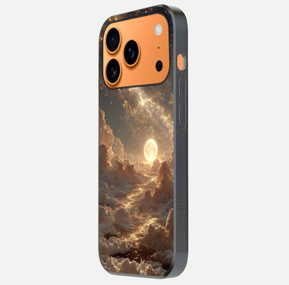 Golden Sky Dream Glass Case for iPhone 17 Pro Max side-angle image showing reflection shine and smooth surface
