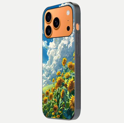 Golden Sun Glory Glass Case for iPhone 17 Pro Max side-angle image showing reflection glow and luminous texture