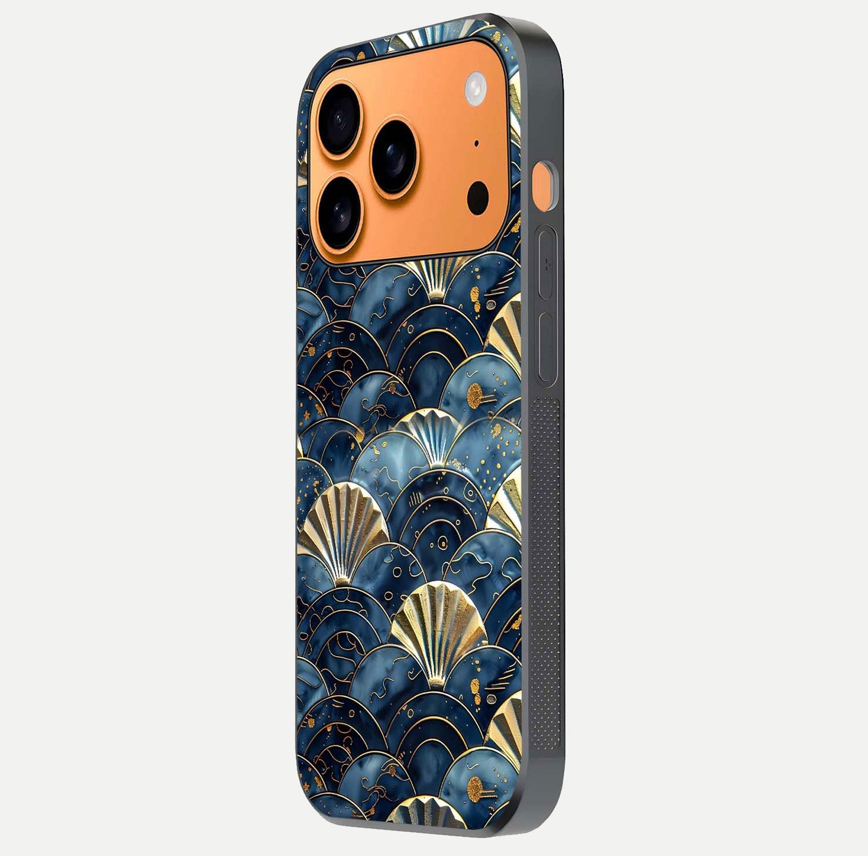 Golden Wave Luxe Glass Case for iPhone 17 Pro Max side-angle image showing reflection clarity and polished finish